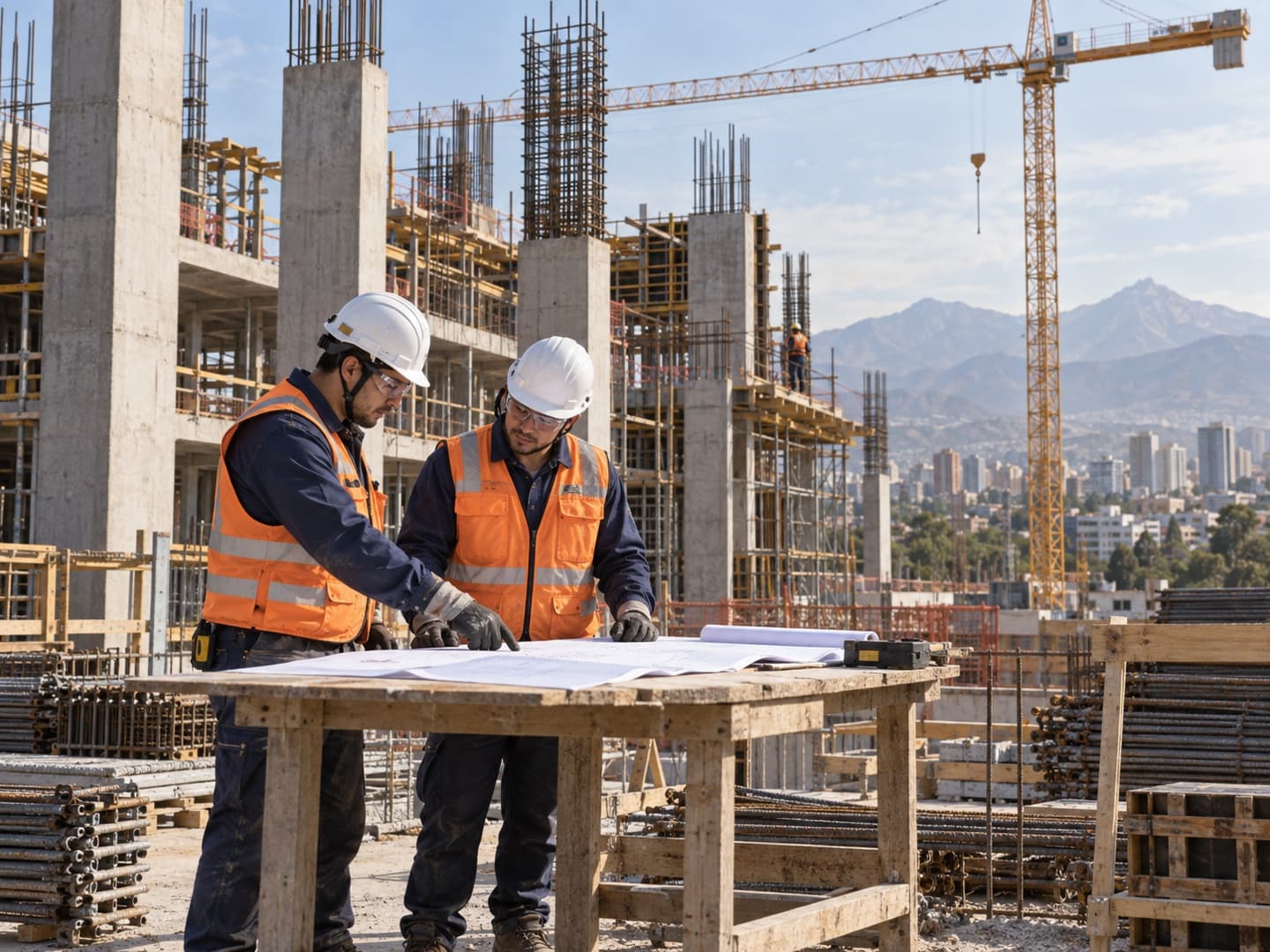 Escena ilustrativa de trabajadores revisando planos en una obra de hormigón de la zona central de Chile