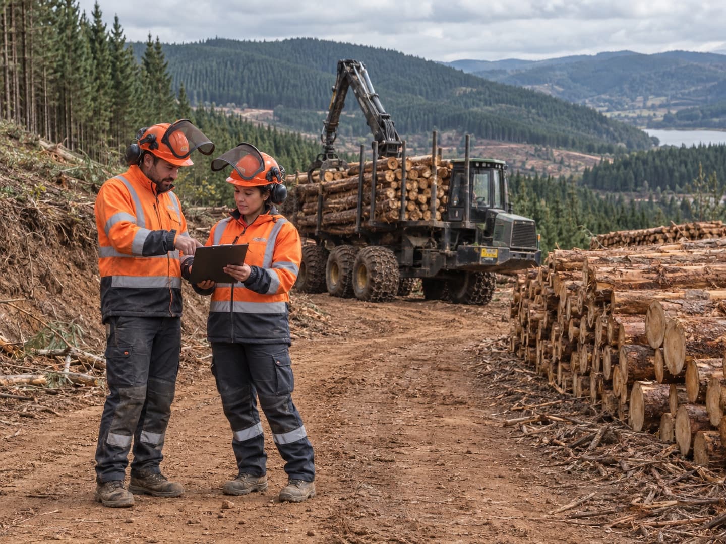 Escena ilustrativa de una cuadrilla con protección forestal junto a maquinaria y madera en un paisaje del Biobío