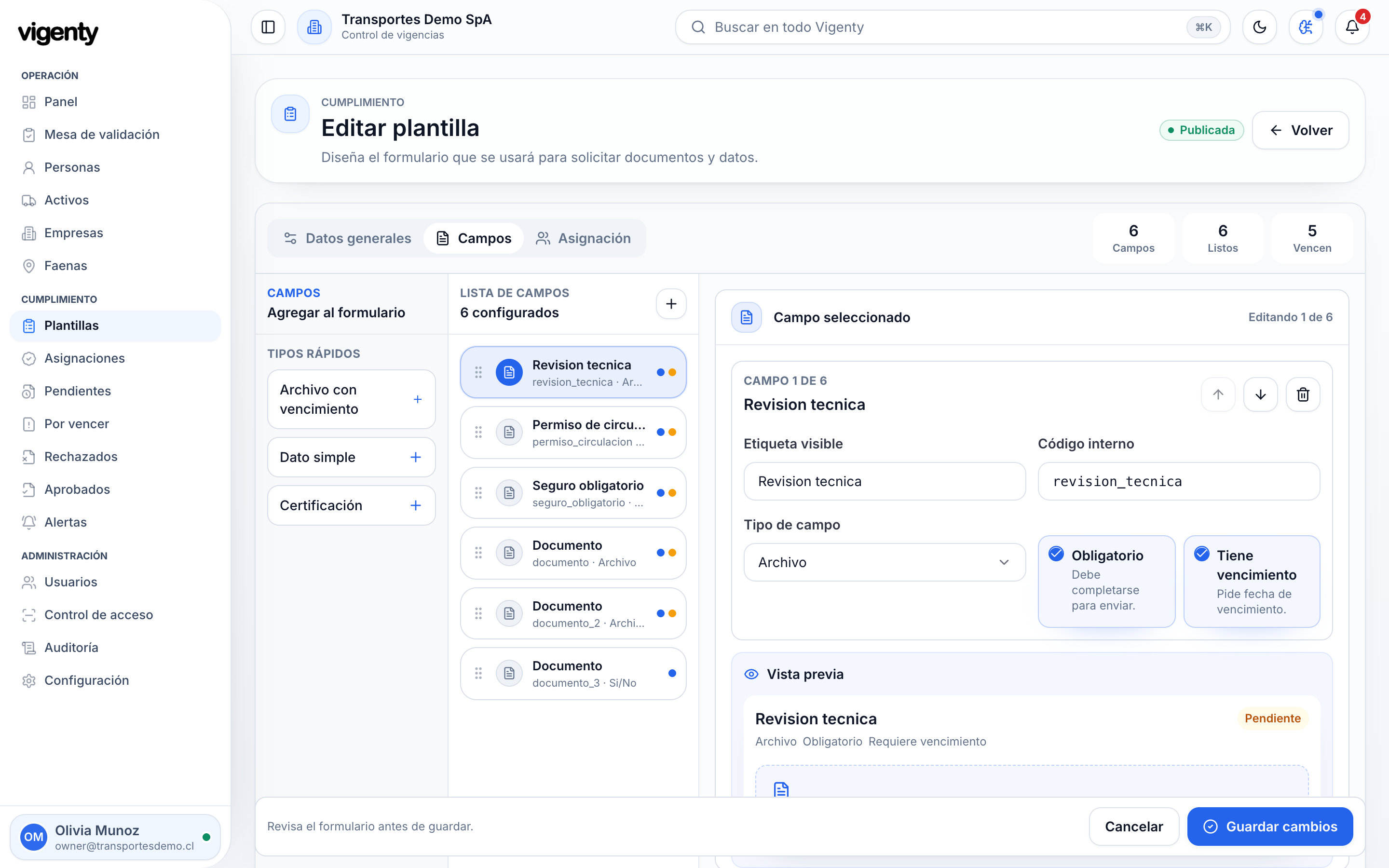 Editor de plantillas de Vigenty configurando requisitos documentales